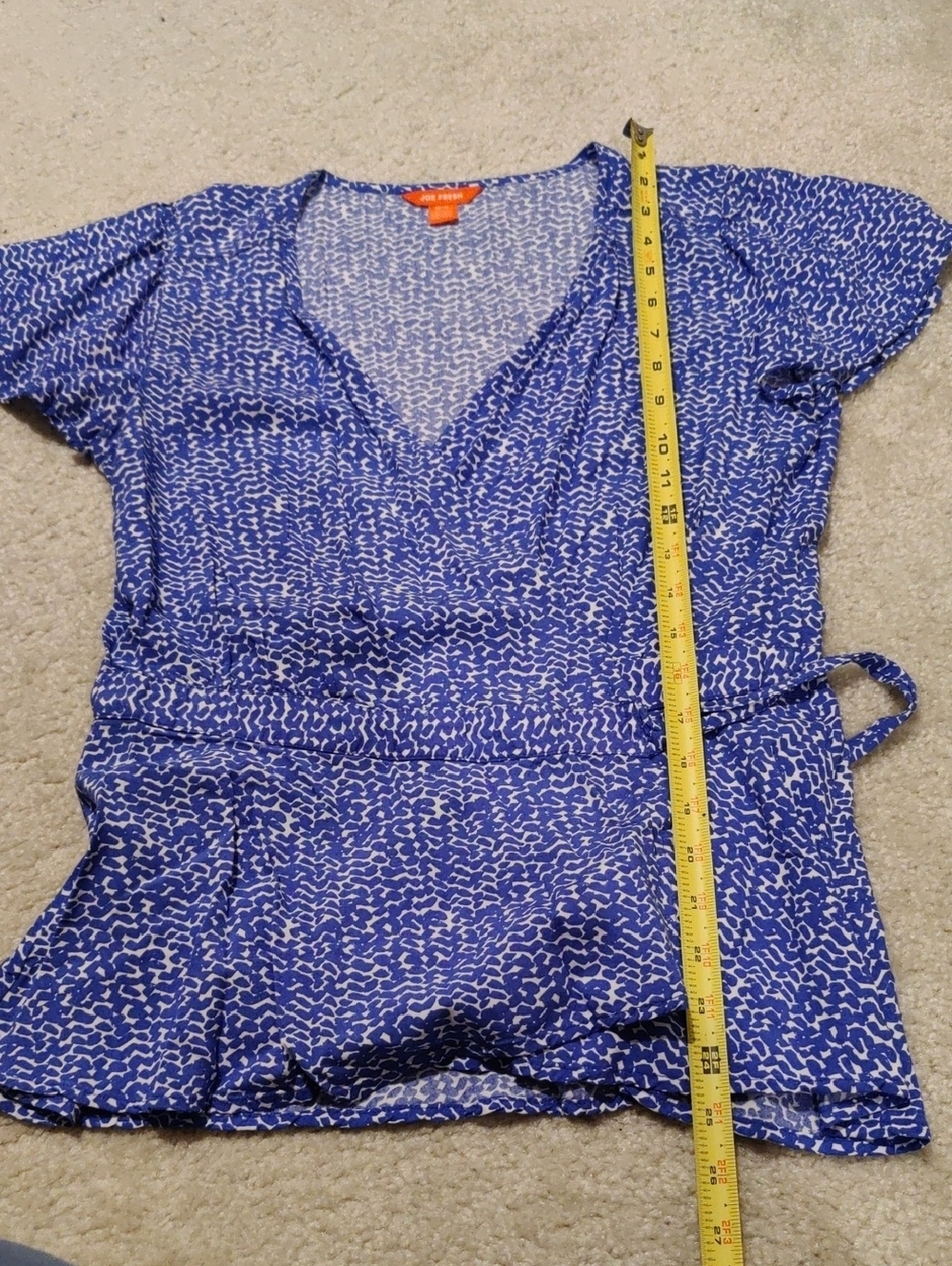 Joe Fresh Wrap Short Sleeve Blue Printed Surplice Waist Peplum Top Blouse Y2K - Picture 11 of 11